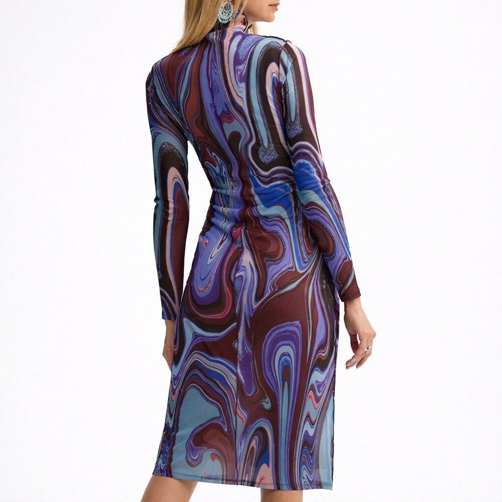 Y2K Bodycon Mesh Midi Dress Size Medium Marble Swirl Art Psychedelic Trippy Club - Picture 3 of 15